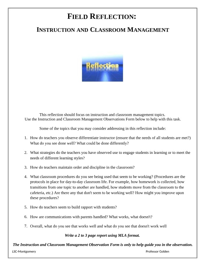 Instruction and Classroom Management - Field Reflection