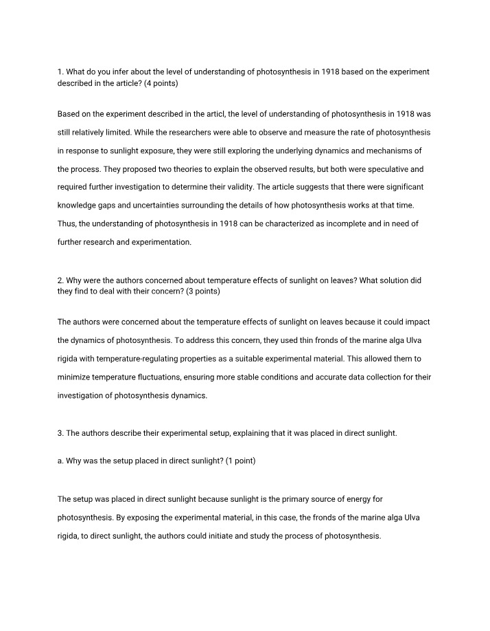 Notes on Photosynthesis Experiment Analysis and Evaluation
