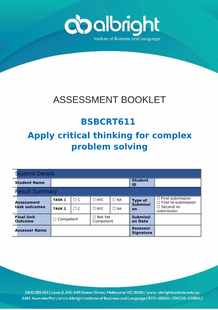 Apply Critical Thinking for Complex Problem Solving Assessment Booklet Part 2
