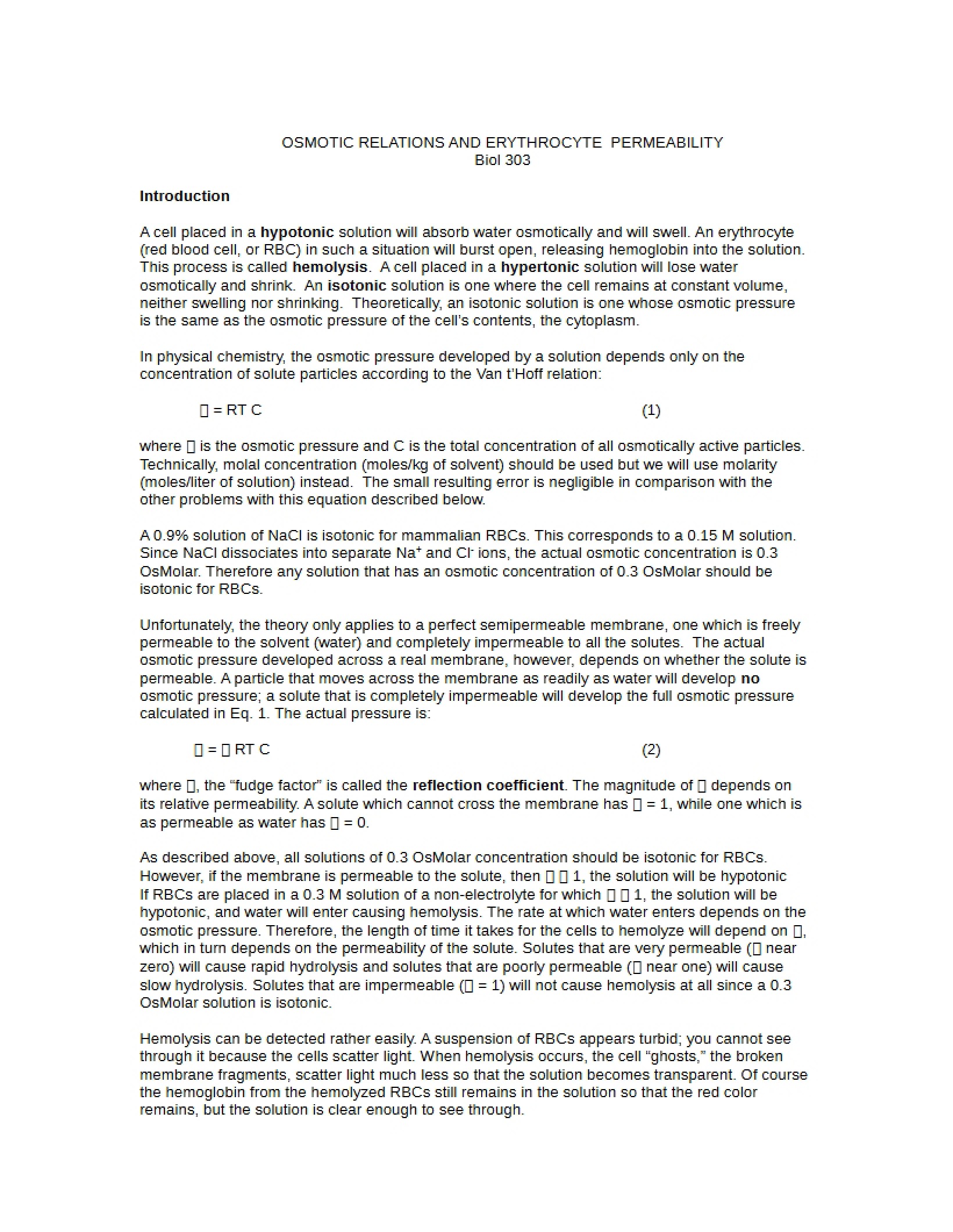 Erythrocyte Permeability and Osmotic Relations