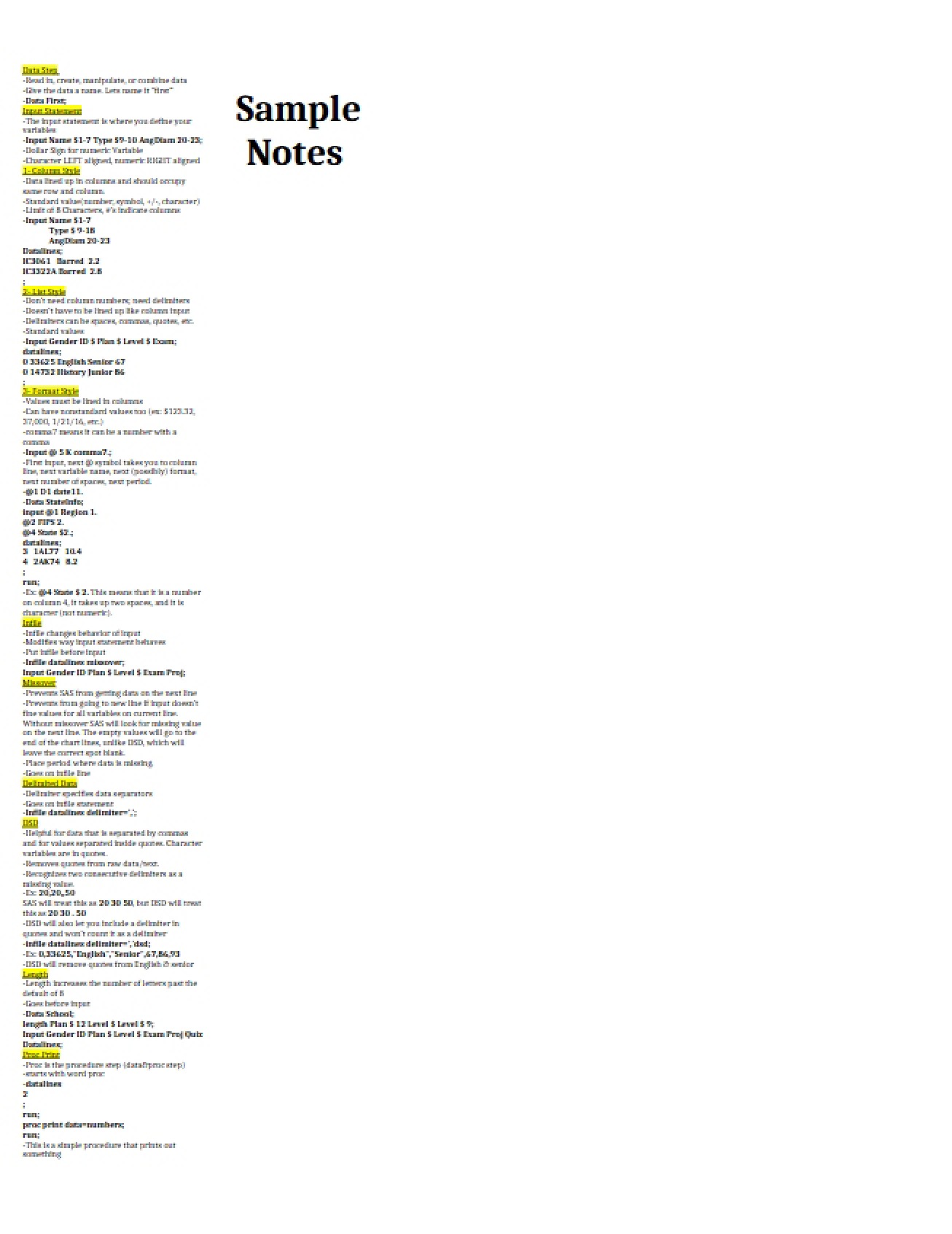 SAS Statistical Analysis Notes
