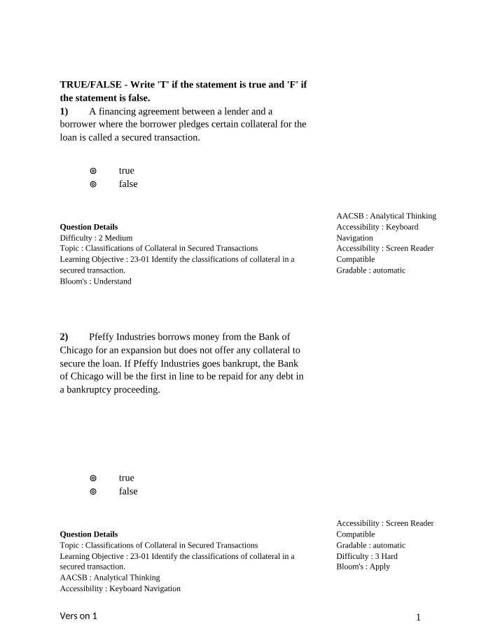 Secured Transactions - Collateral Classifications