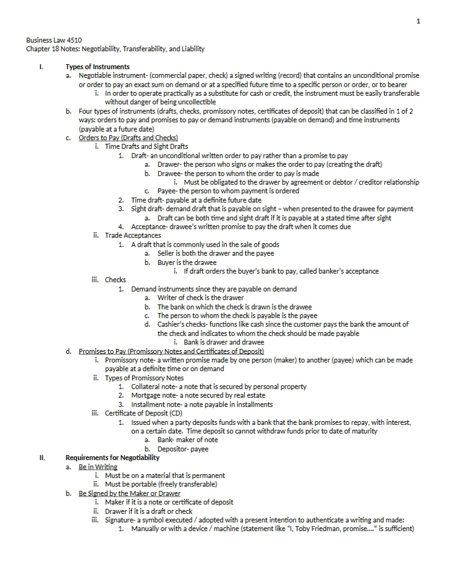 Liability, Transferability, and Negotiability Notes