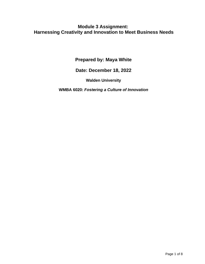 Harnessing Creativity and Innovation to Meet Business Needs - Module 3 Assignment