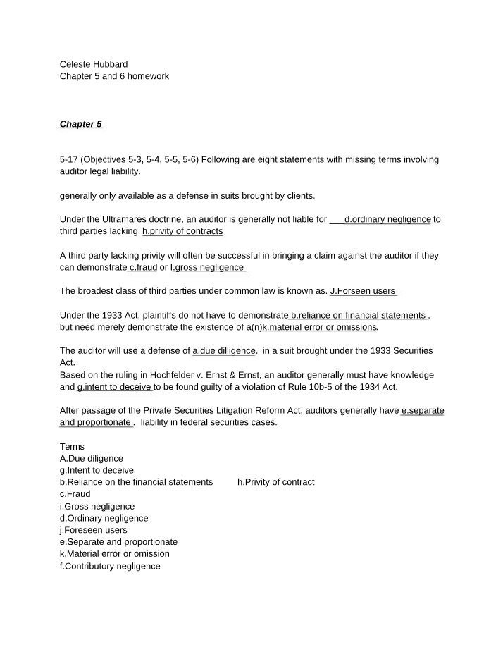 Auditor Legal Liability - Negligence, Privity, and Homework