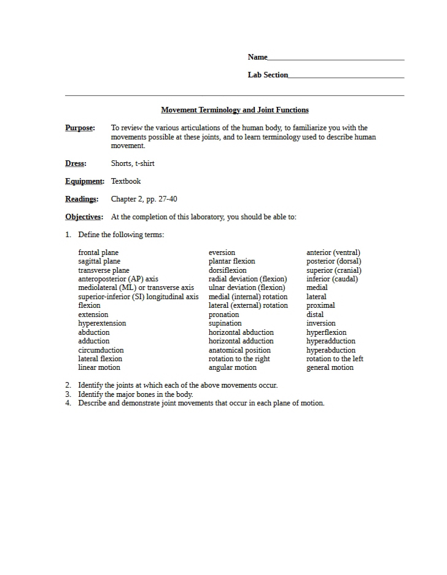 Terminology of Movement