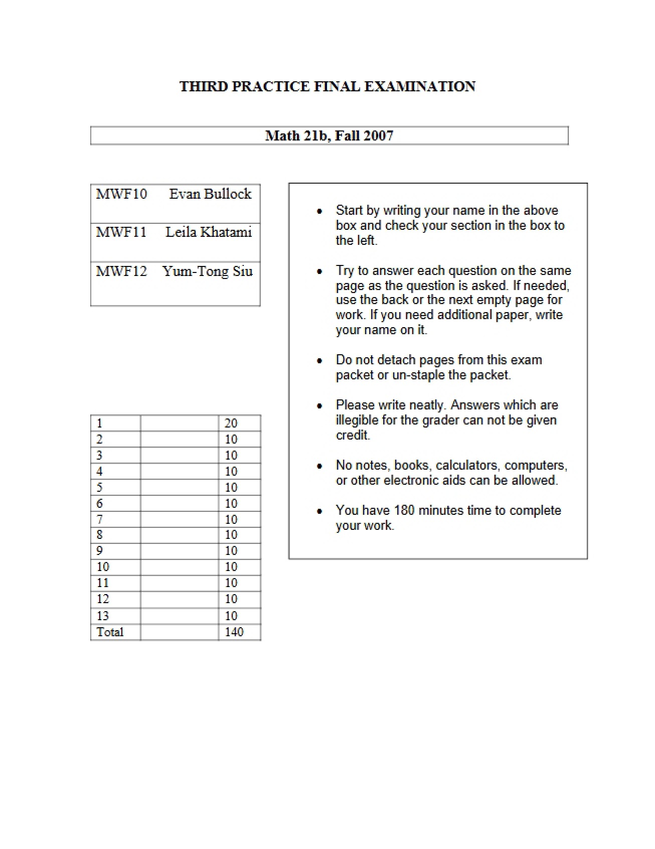Final Practice Exam Version Three