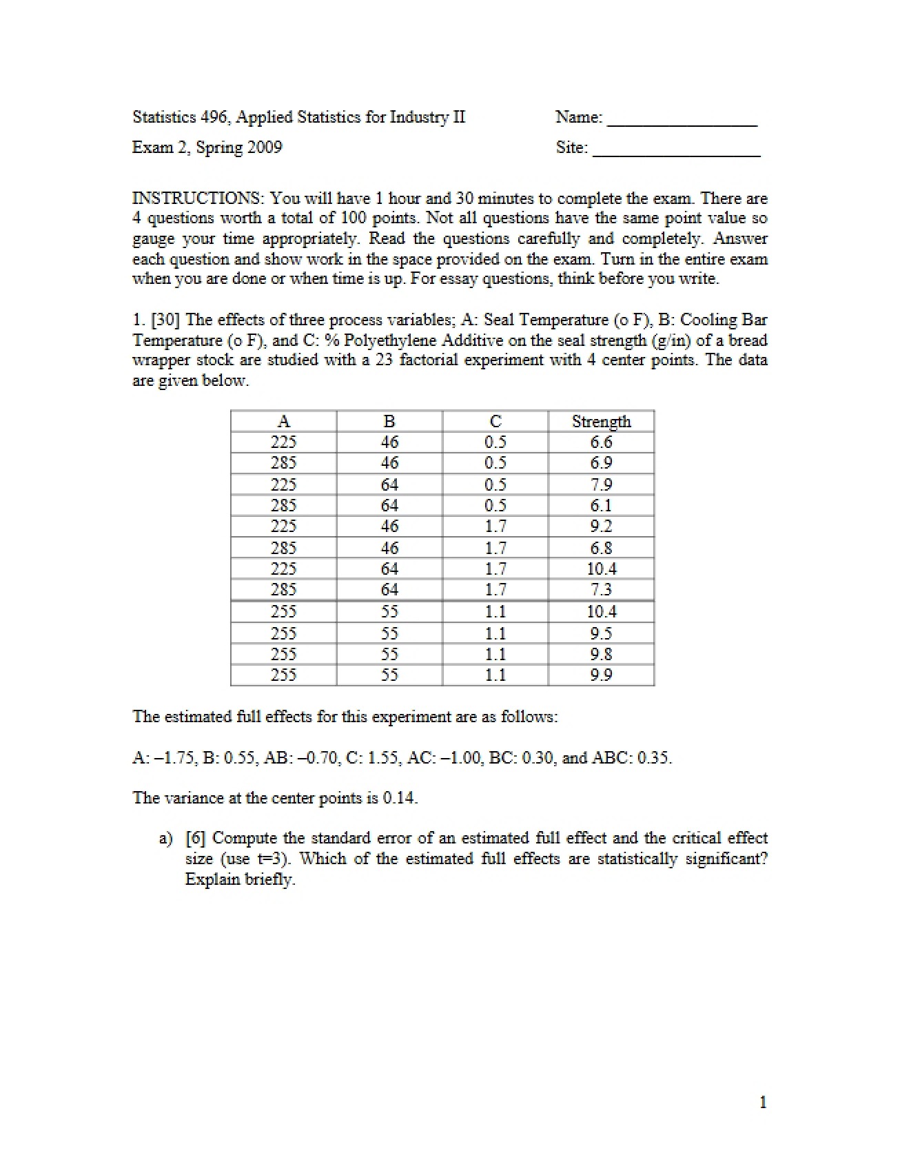 Second Examination in Applied Statistics for Industry