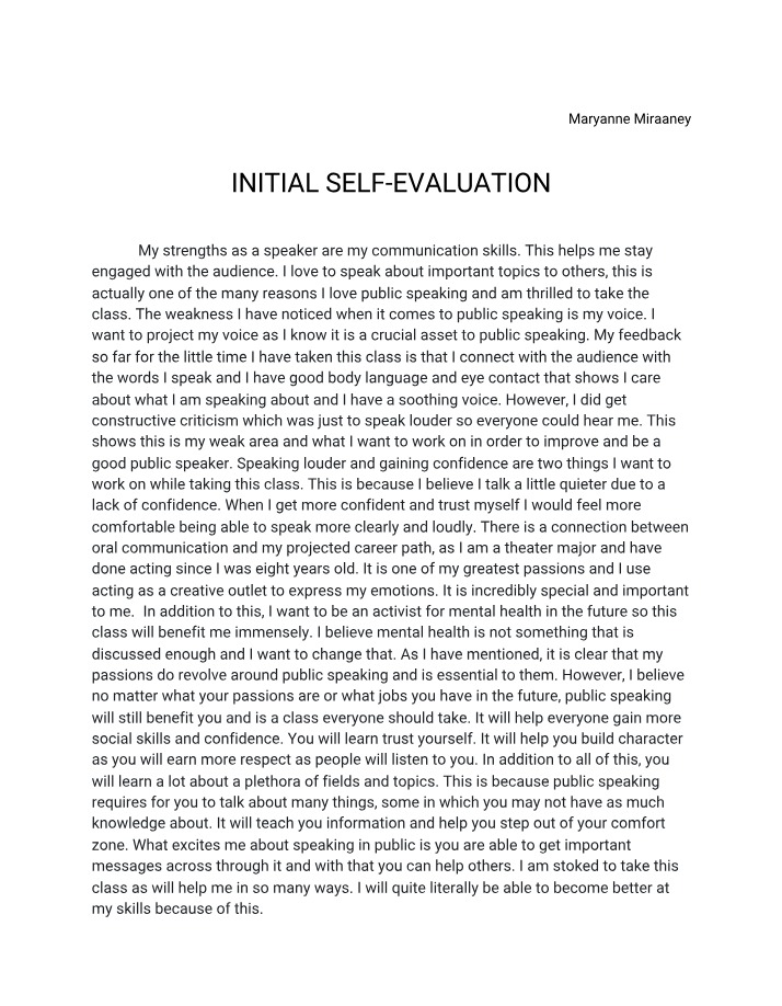 Public Speaking - Initial Self-Evaluation and Future Goals