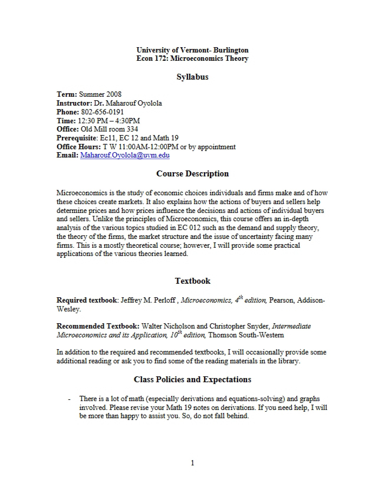 Syllabus for Microeconomic Theory