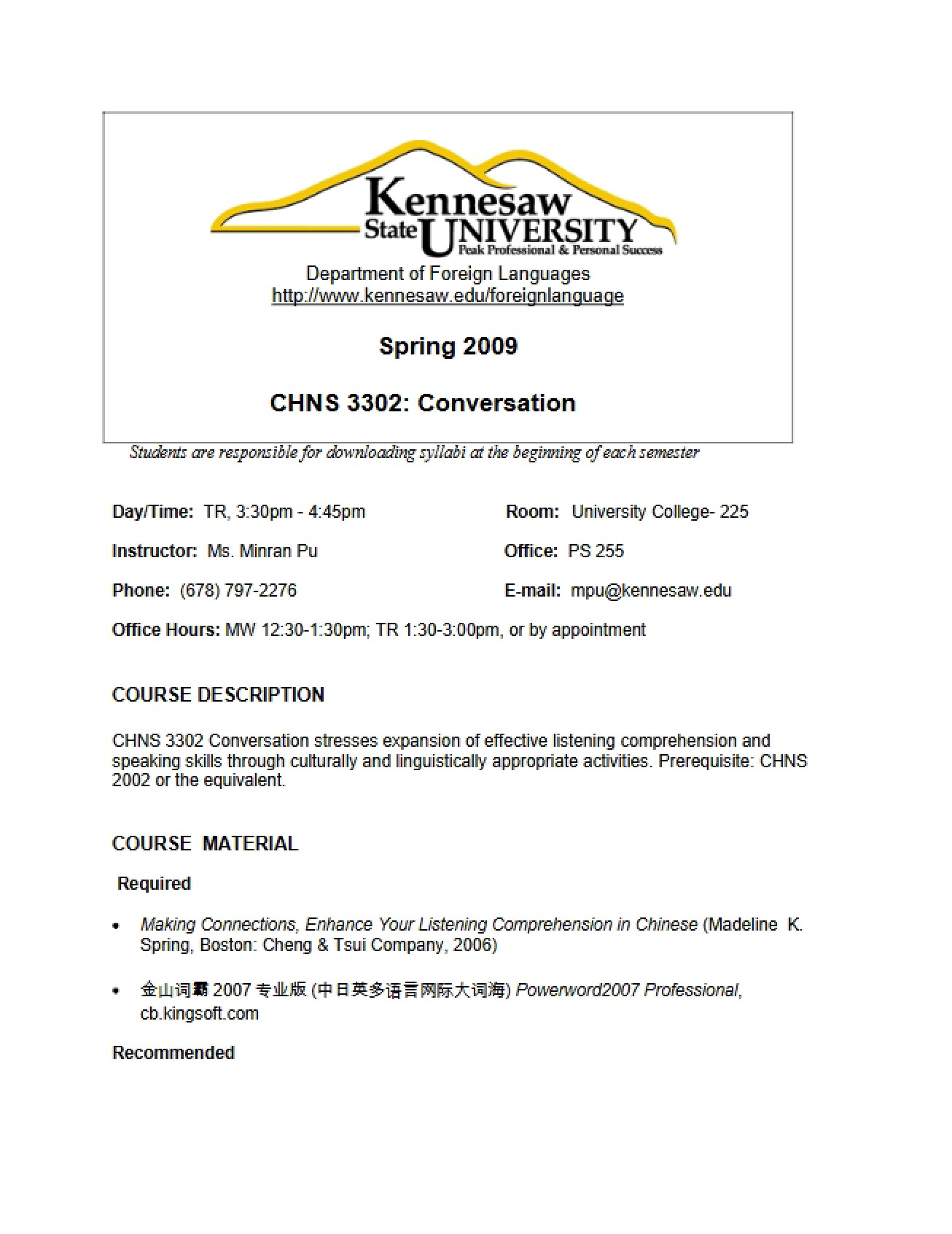 General Syllabus for a Course on Chinese Conversation