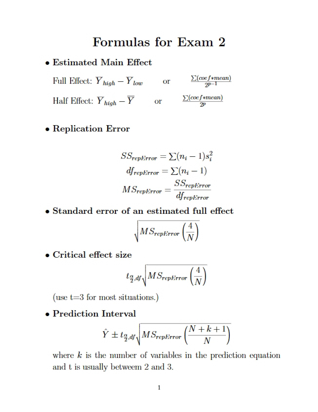 Set of Formulas for the Second Examination