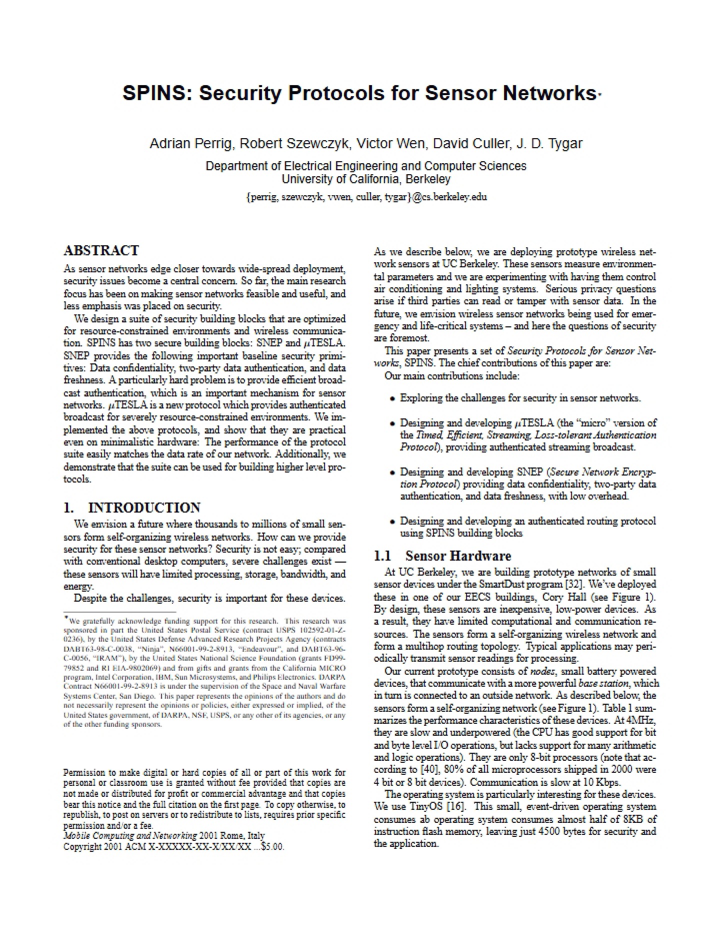 SPINS Sensor Network Security Protocols