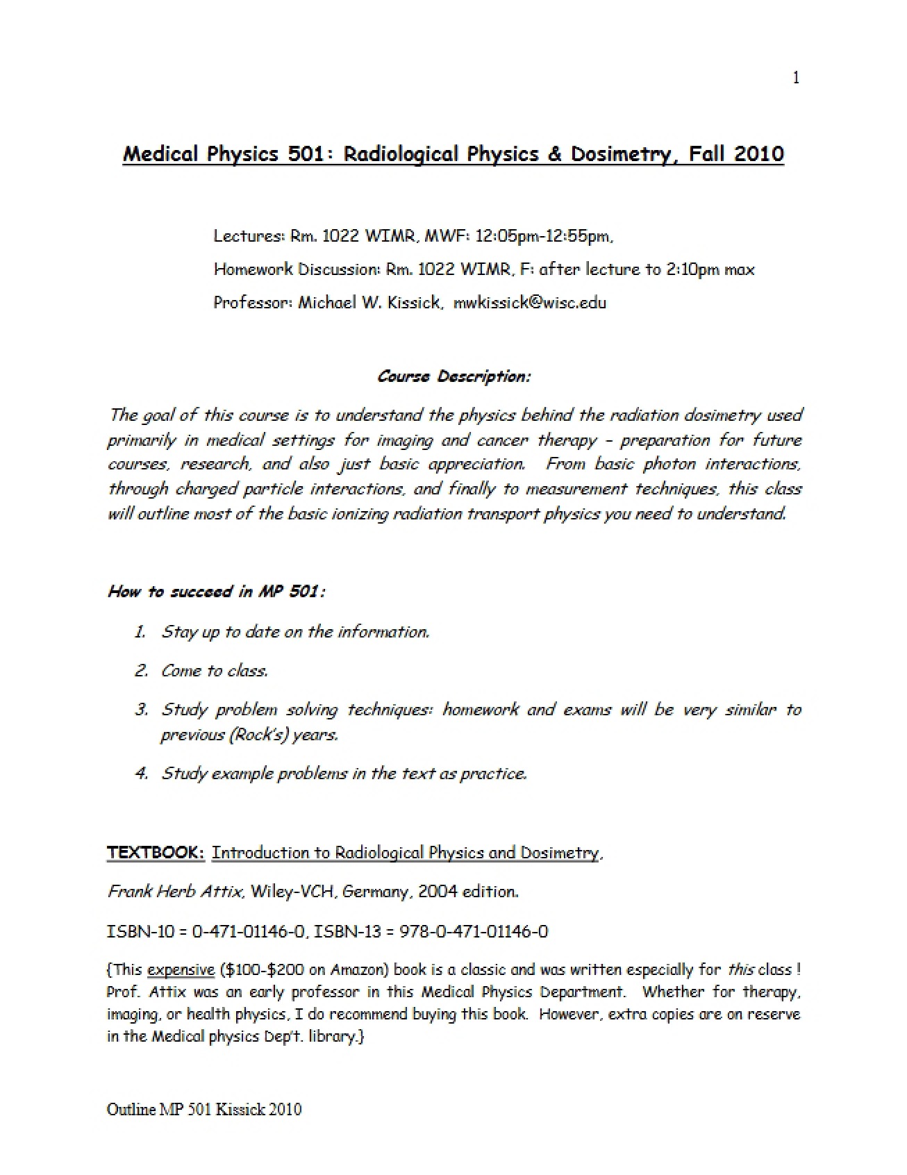 Notes for MEDPHYS 666 Lectures
