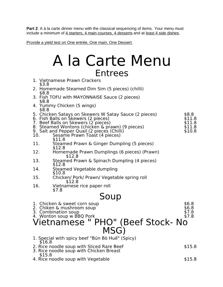 Culinary Arts - Analysis of Recipes and Costing