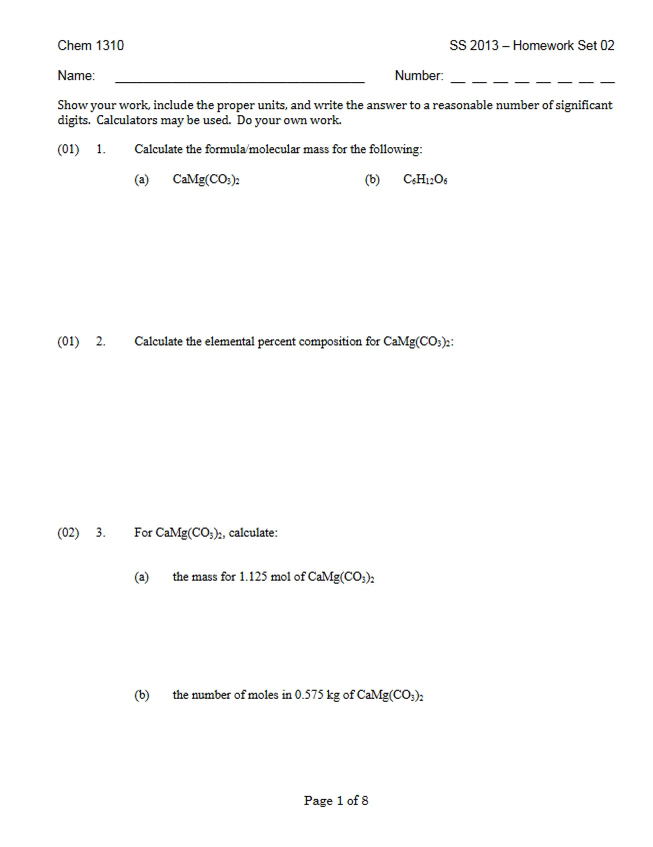 Homework for Chem 1310