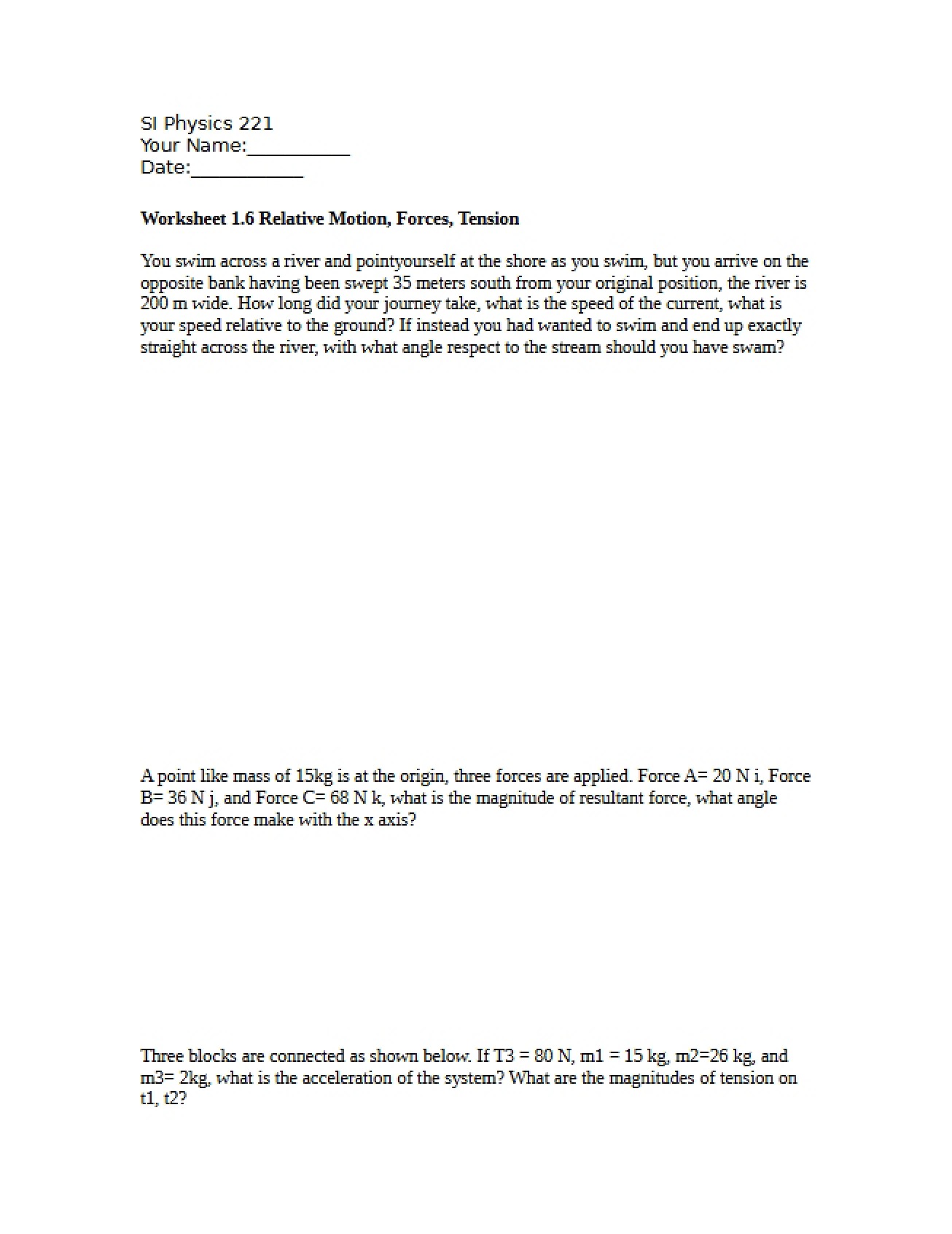 First Worksheet for Introduction to Classical Physics I