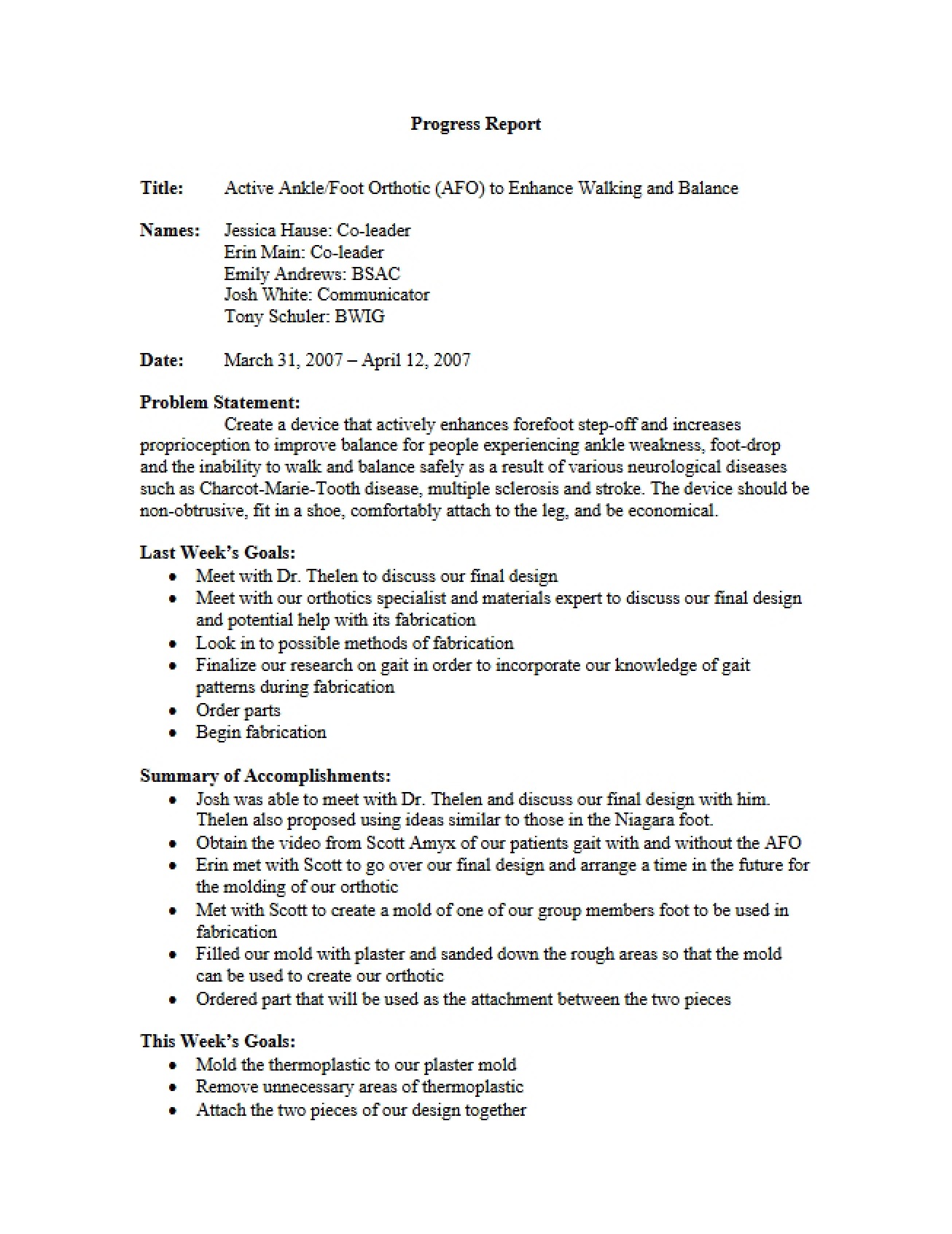 Report on Active AFO Progress