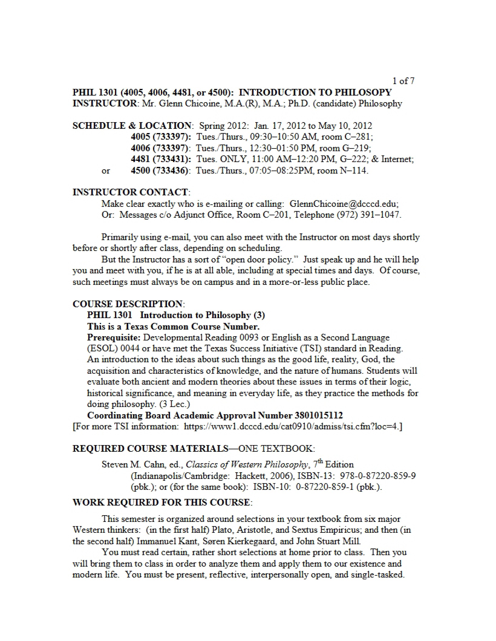 Course Syllabus for Introduction to Philosophy - Introduction to Philosophy