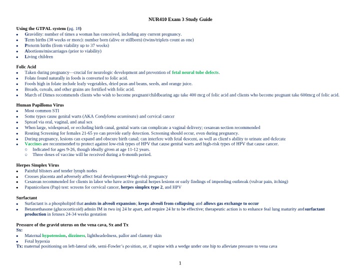 GTPAL System, Folic Acid, HPV, Herpes, and Surfactant Study Guide
