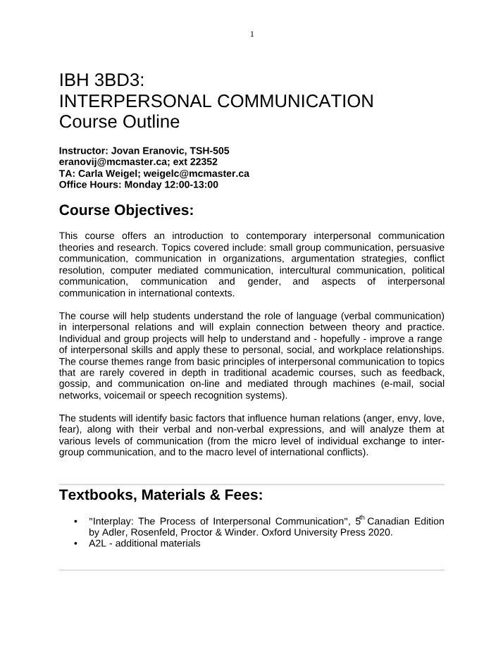 Interpersonal Communication Course Outline - IBH3BD3 Winter 2021