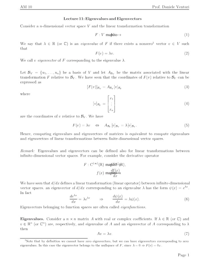 Eigenvalues and Eigenvectors - Lecture 11