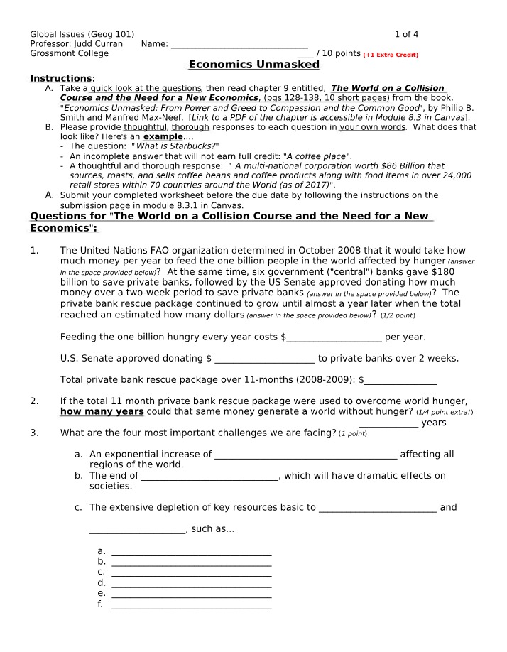 Worksheet - Economics Unmasked