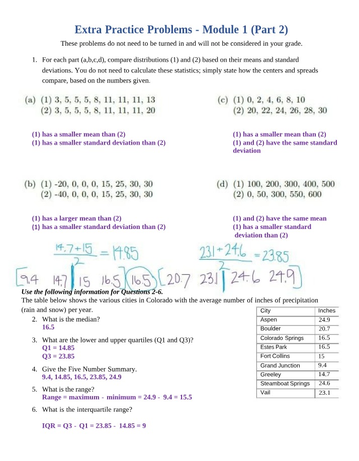 Comparing Distributions - Mean and Standard Deviation Practice