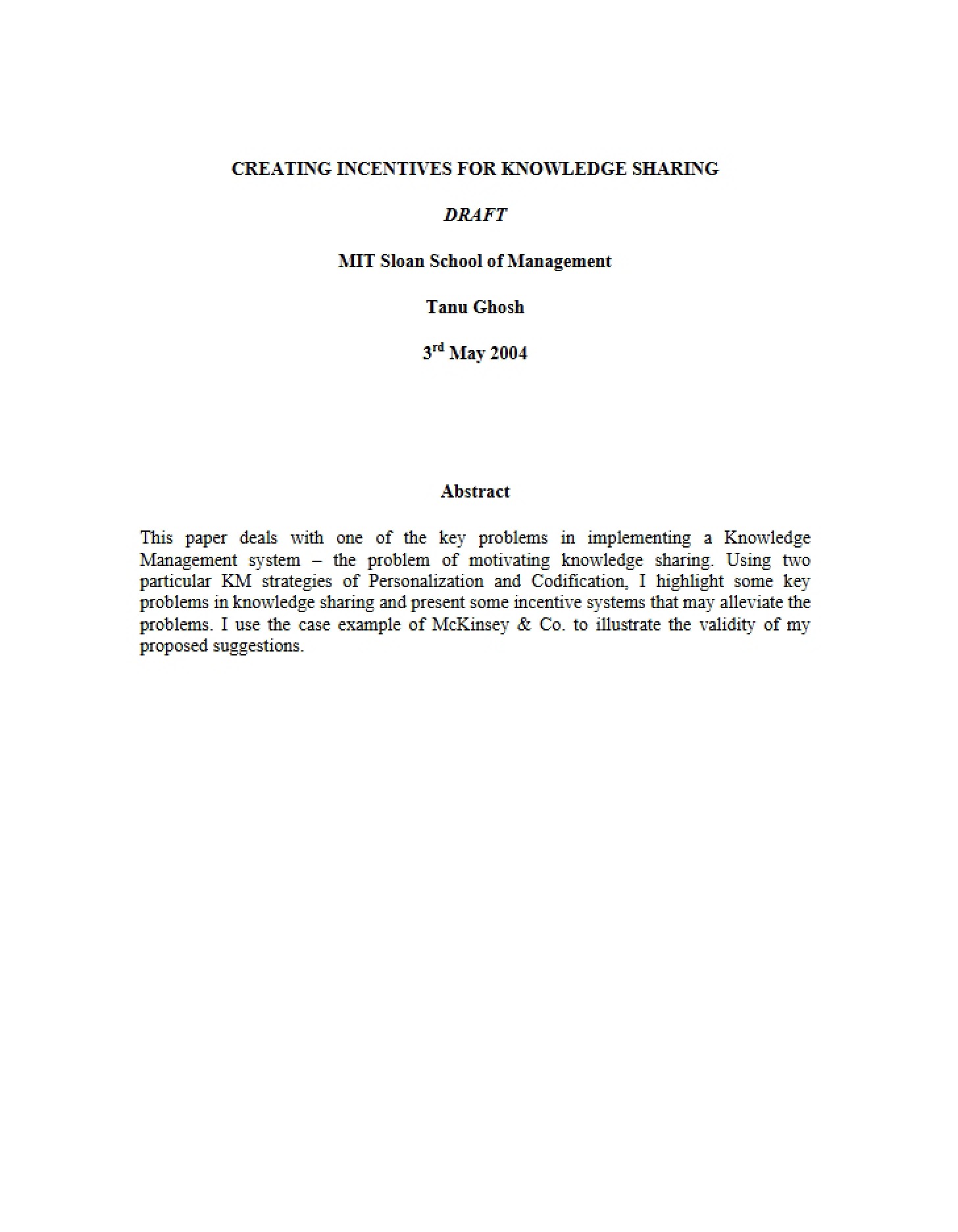 Knowledge Sharing Incentives Creation