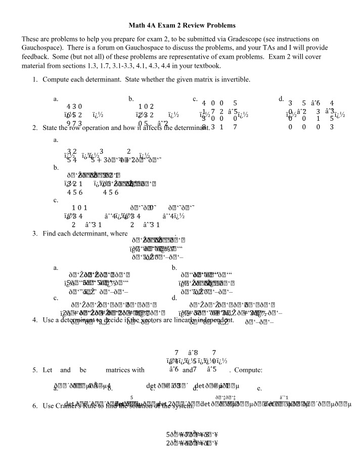 Review Problems for Math 4A Exam 2