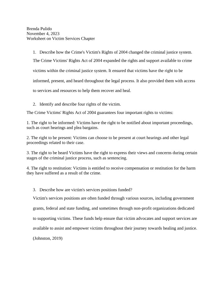 Worksheet for Victim Services Chapter