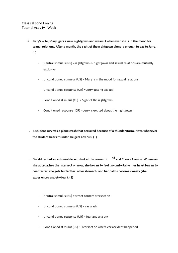 Week 9 Tutorial Activity - Classical Conditioning