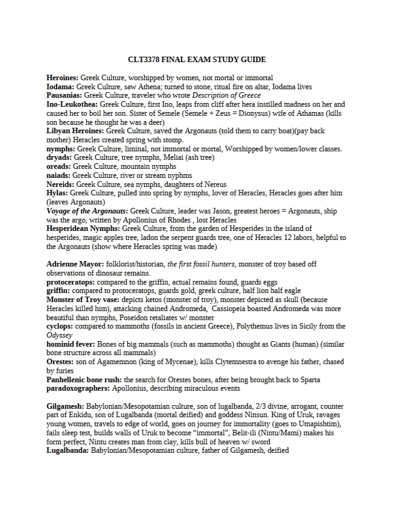 Guide for the Final Mythology Exam (Set 13)