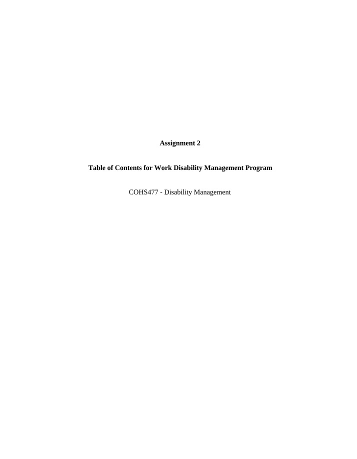 Assignment 2 - Work Disability Management Program Table of Contents