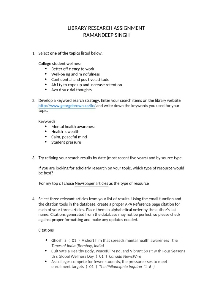 Research Assignment for the Library