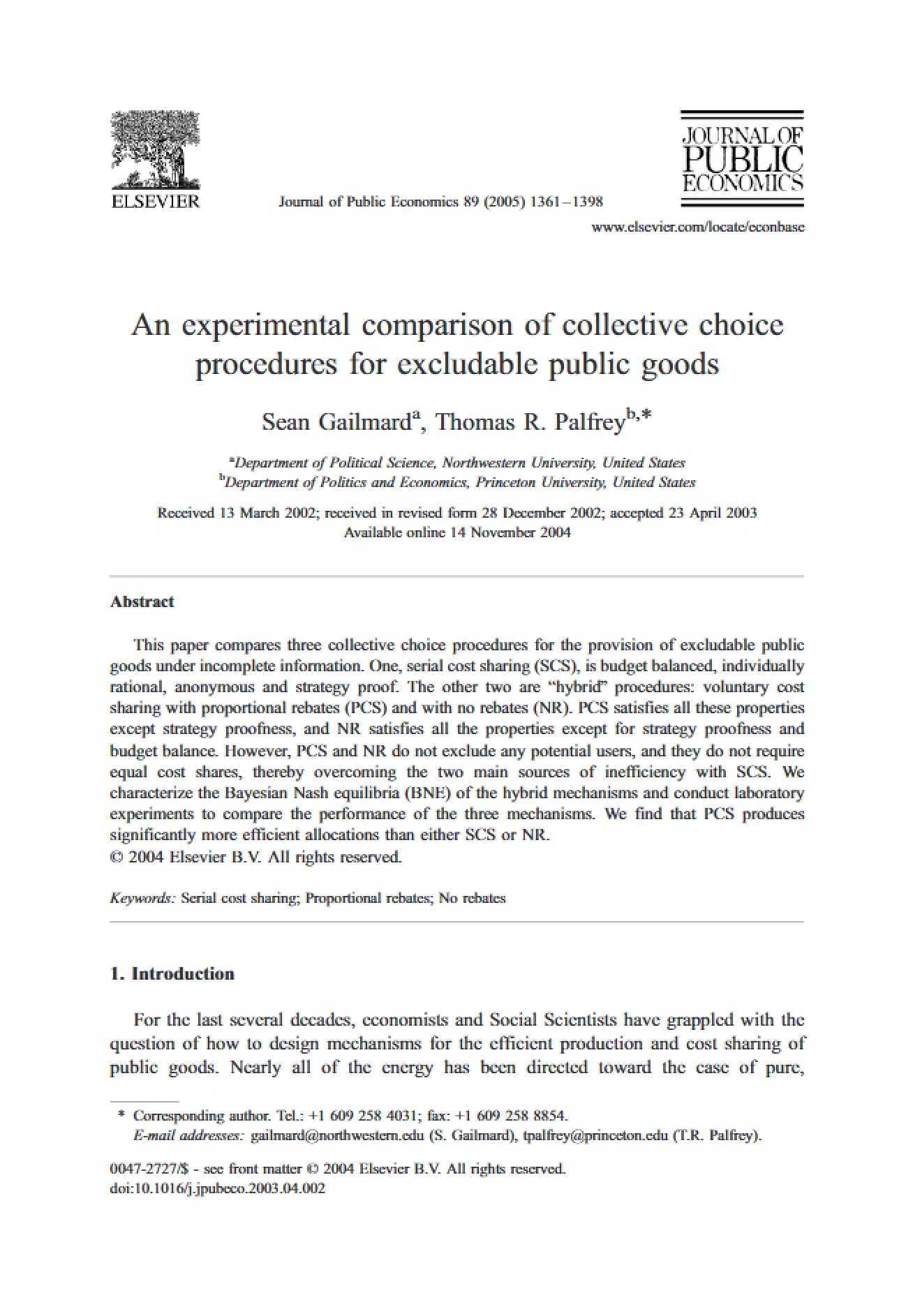 Collective Choice Procedures: Experimental Comparison
