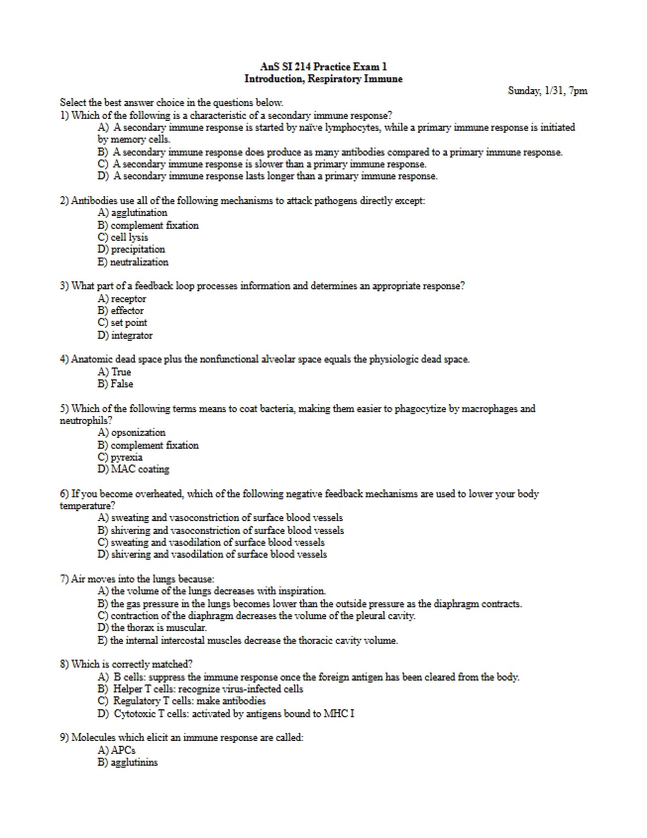 First Practice Exam for Domestic Animal Physiology