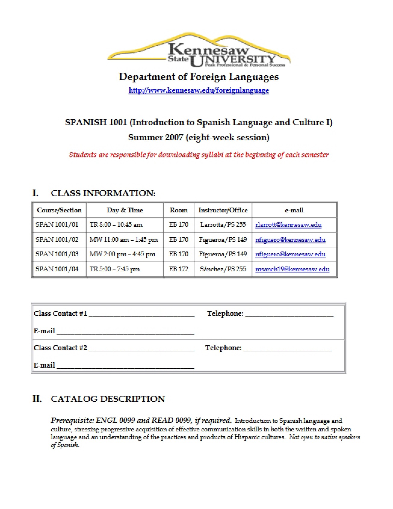 Syllabus for Introductory Spanish I - SPAN 1001