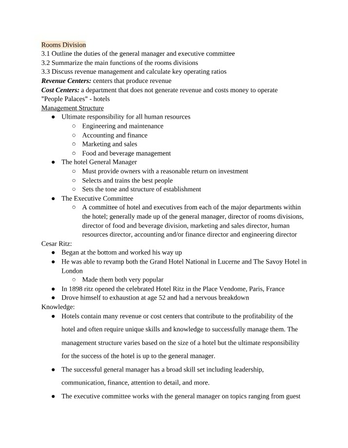 Management and Operations - Hotel Food and Beverage