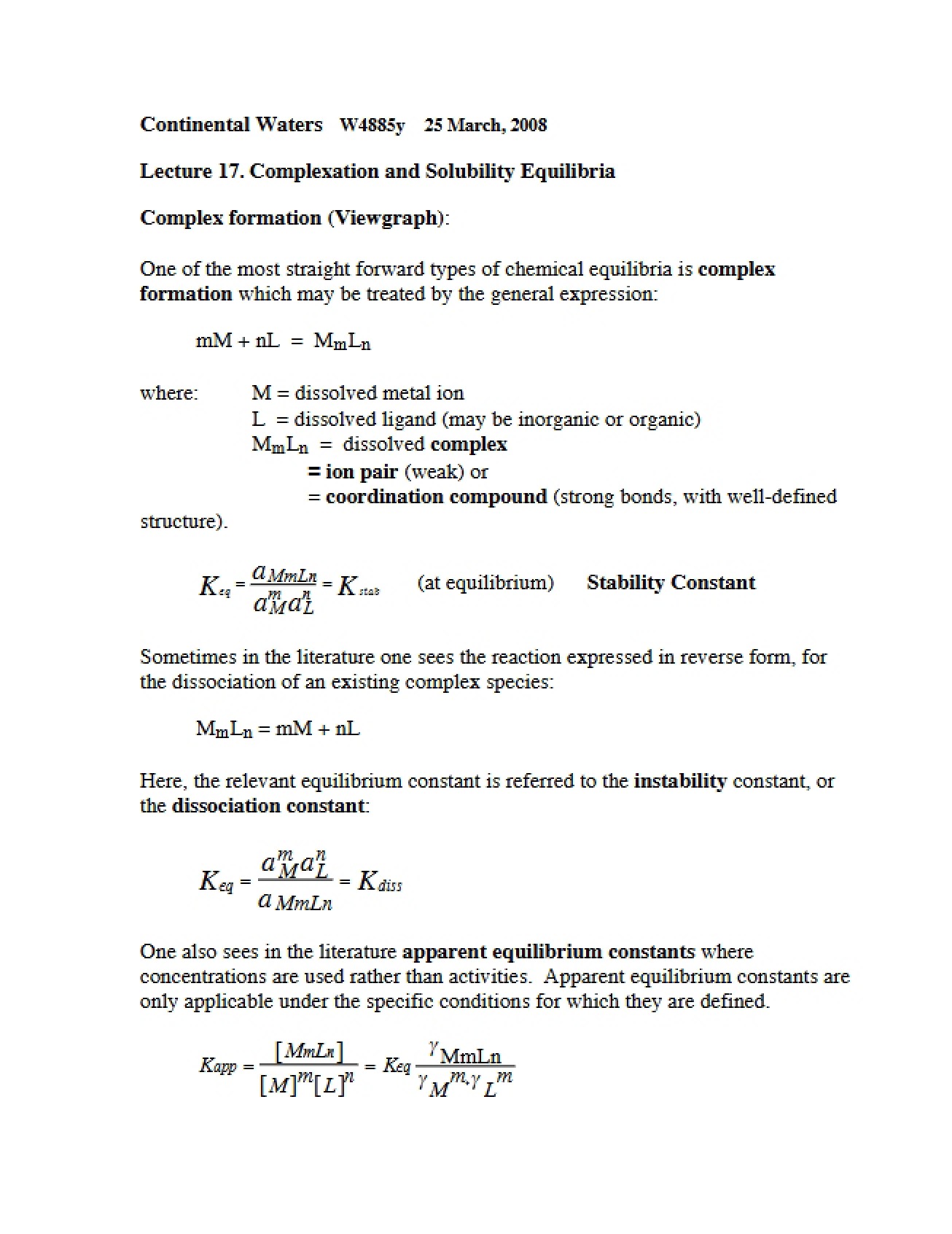 Solubility and Complexation Equilibria