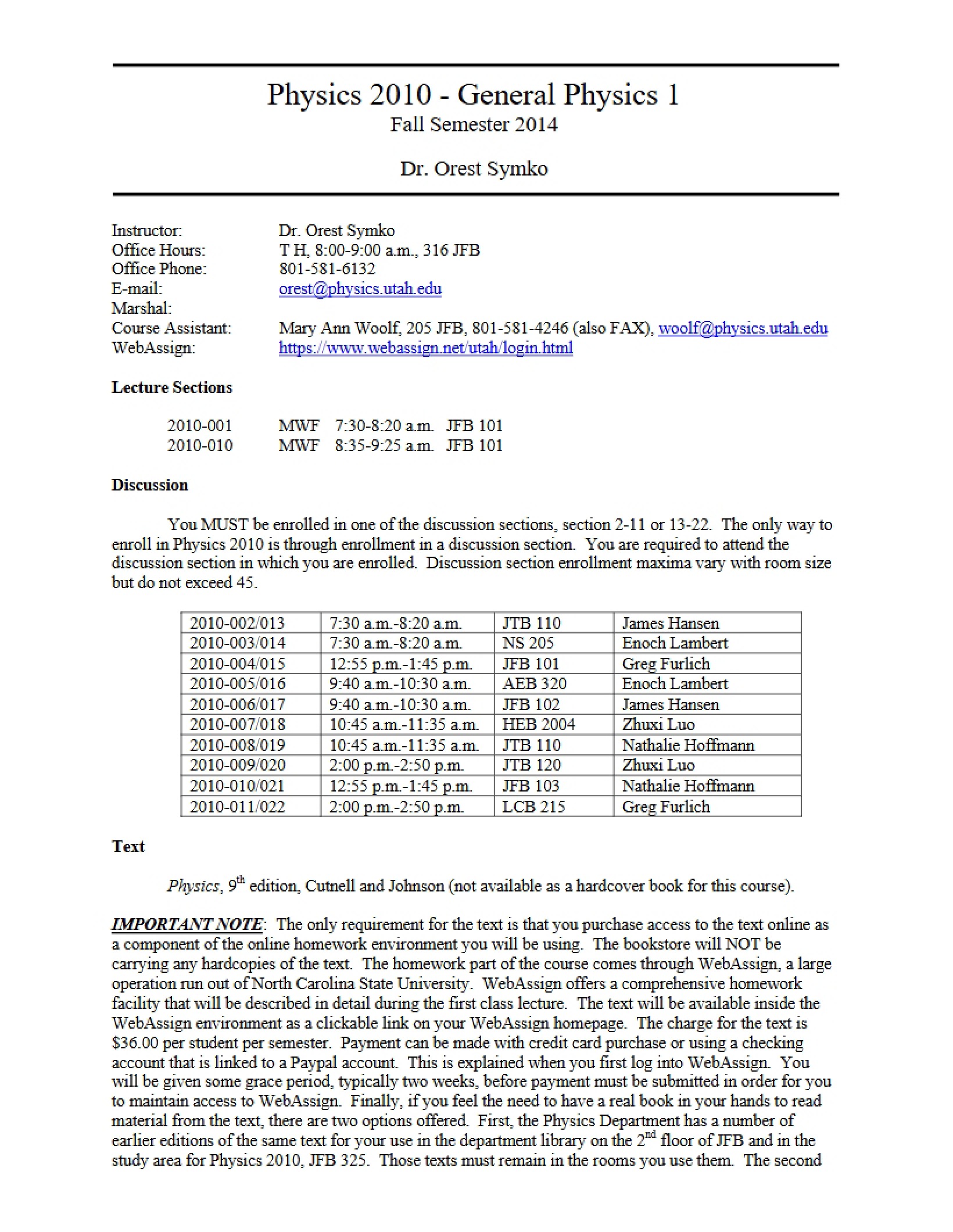 General Physics I Syllabus