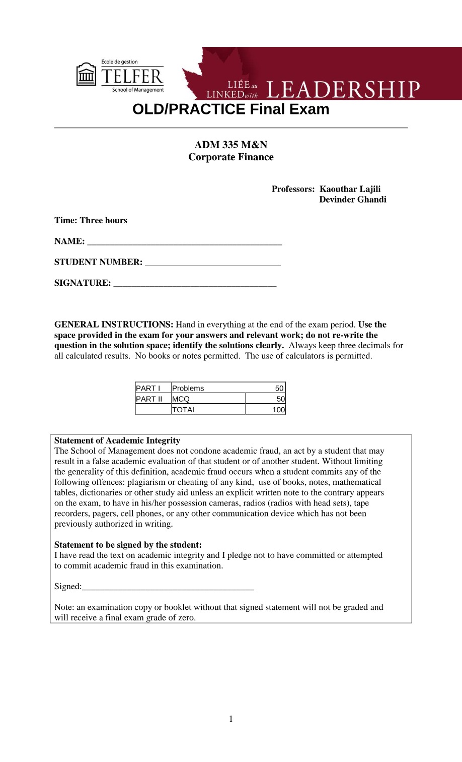 ADM 335 Corporate Finance Practice Final Exam B