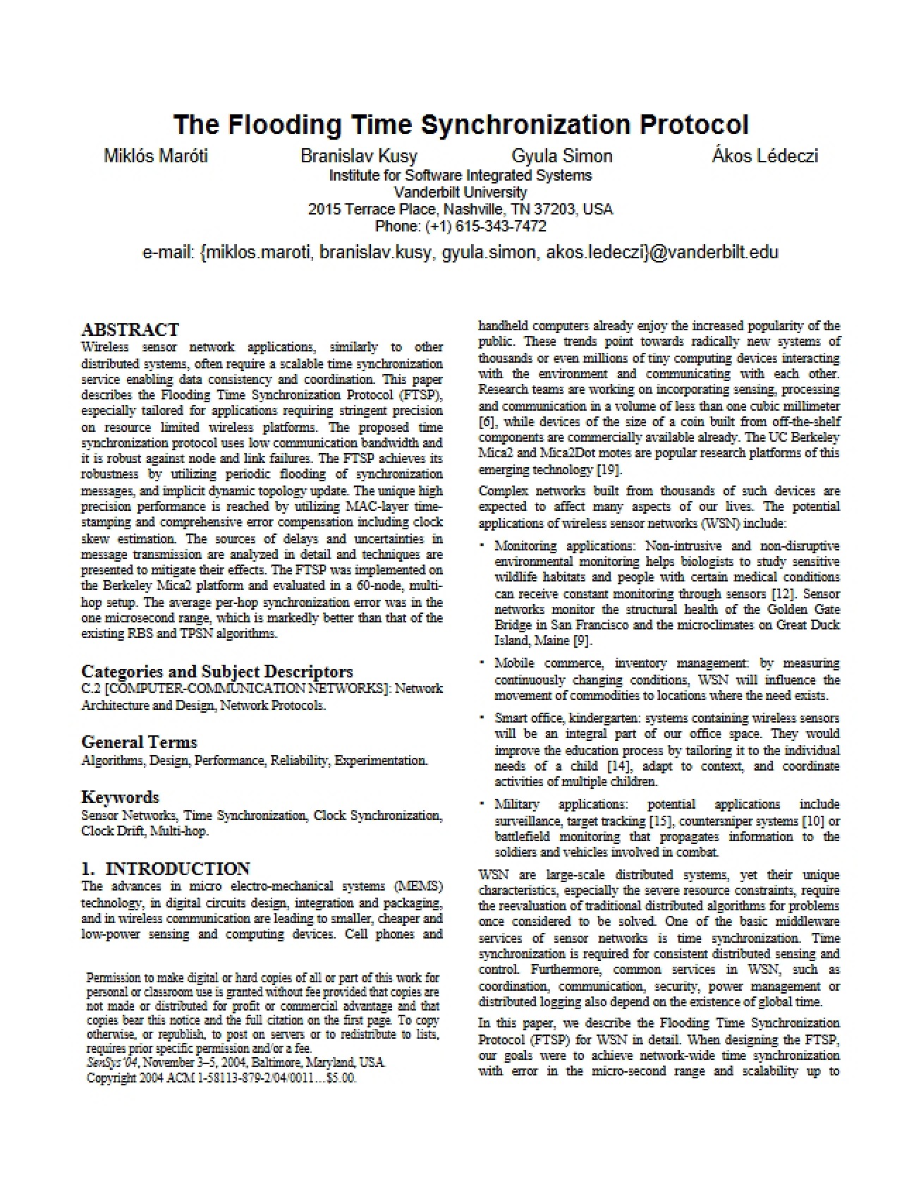 Introduction to the Flooding Time Synchronization Protocol