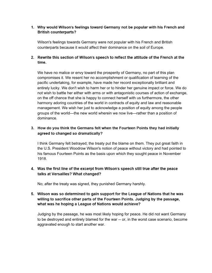 Wilson's 14 Points - Questions and Answers