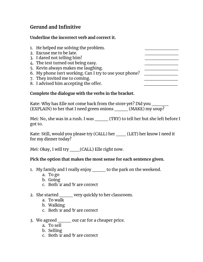 Gerund and Infinitive Worksheet 2