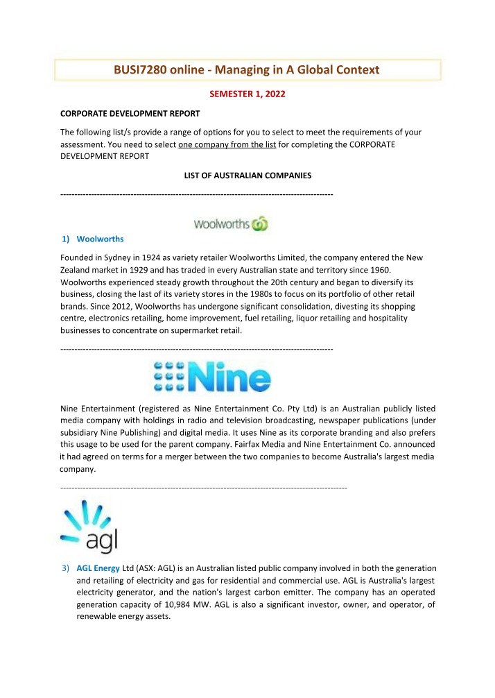 Australian Company List - Corporate Development Report