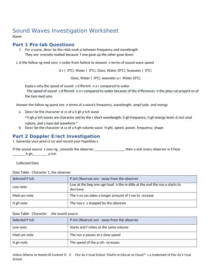 Worksheet for Sound Waves Investigation