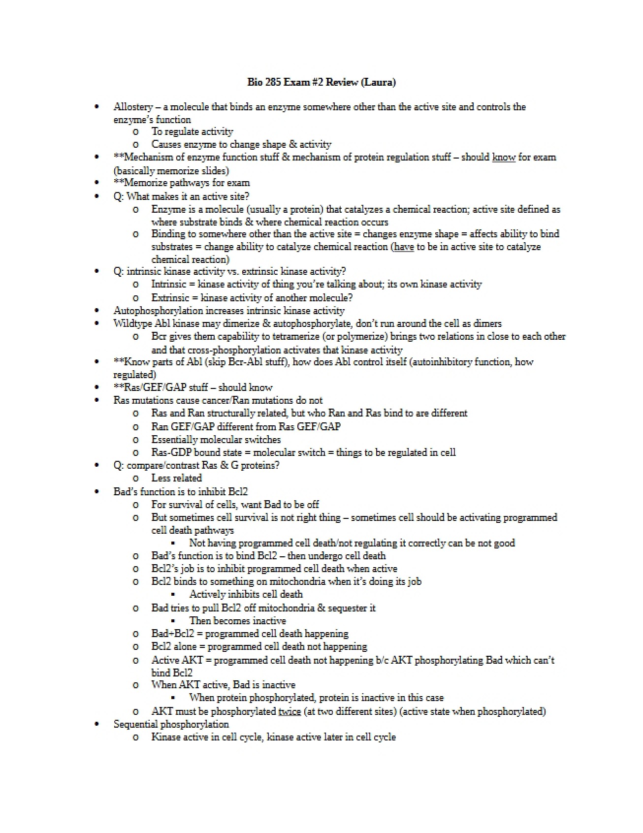 Review Materials for Bio 285 Exam Two
