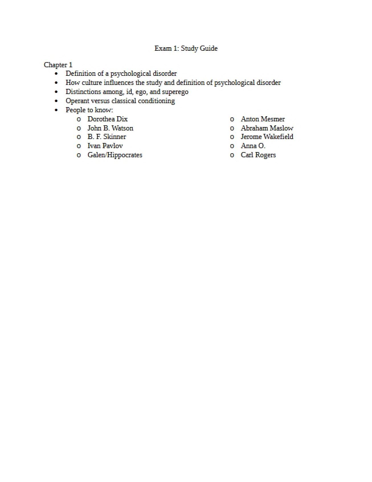 Study Guide for Exam One