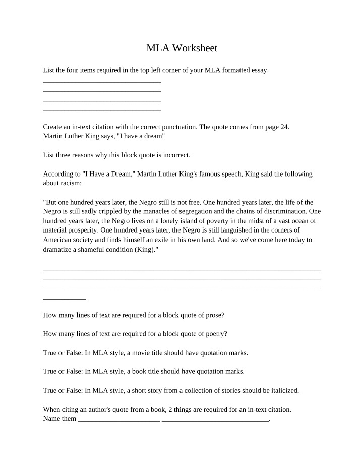 Worksheet for MLA
